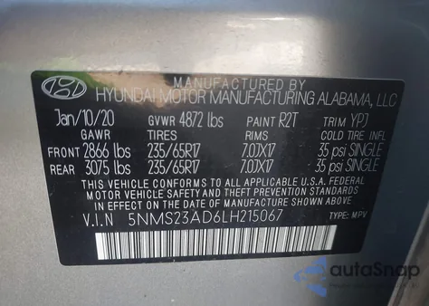 2020 Hyundai Santa Fe Se from USA, damaged, VIN 5NMS23AD6LH215067